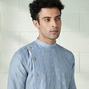 Light Teal Georgette embroidery mens kurta Churidar set for indian wedding wear