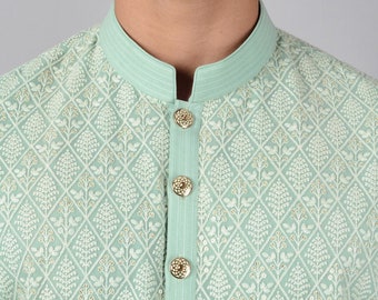 Conjunto de pijama kurta masculino com bordado Georgette cor verde C para roupa de casamento indiano