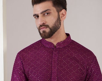 Conjunto de pijama kurta con bordado de seda cruda y ajuste personalizado, conjunto de pijama kurta indio para hombres, atuendo de boda indio, colección de ropa étnica para hombres