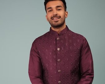 Men’s ethnic Maroon Silk Kurta and Bandi Jacket Set | Festive Indian Outfit | Wedding & Special Occasion Wear