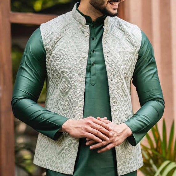 Hand Made Custom Fit Cotton embroidery Men's Indian Wedding Wear waistcoat  jacket, Nehru jacket