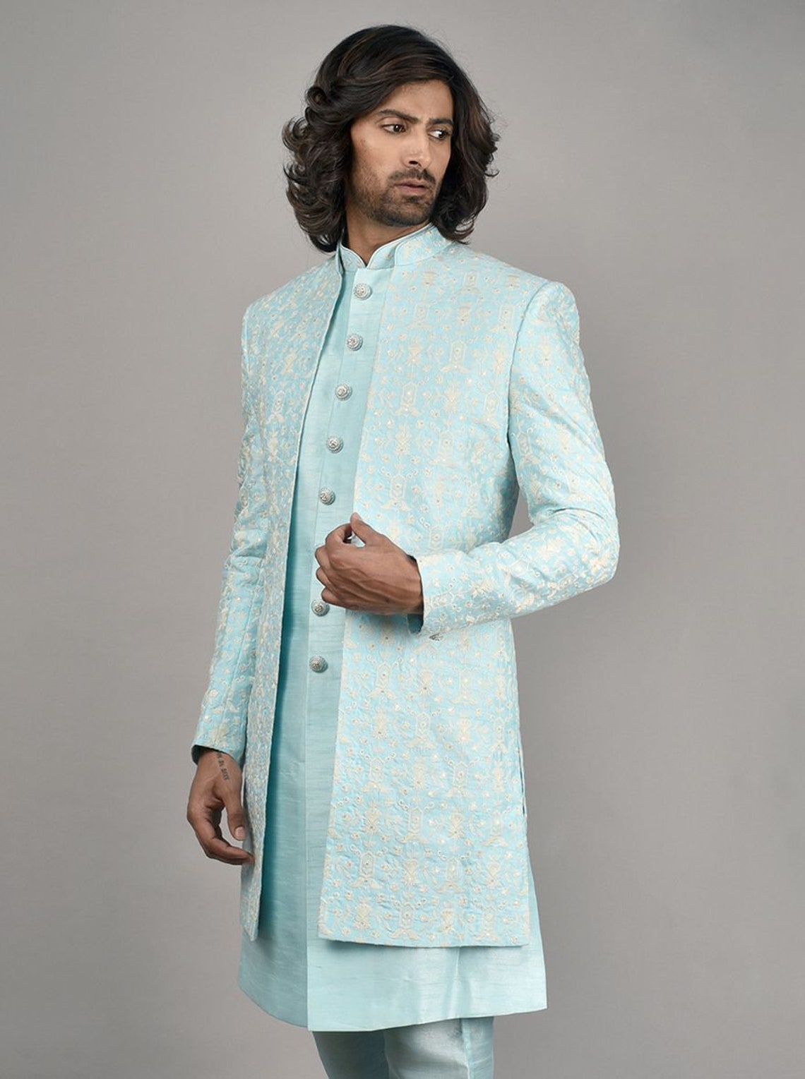 Basic Costom For Men Costom Fit Handmade Silk Blend Fabric Embroidery Mens Indian Wedding ...