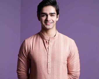 Herrpyjamasset med kraftigt Chikankari Kurta-mönster, indiskt kurta-pyjamasset för män, indiskt bröllopskläder, outfit för herrbröllopskläder, kläder för herrkläder