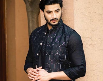 All-Black Kurta Set with Mirror Work Embellished Nehru Jacket – Bold Ethnic Wear for Men
