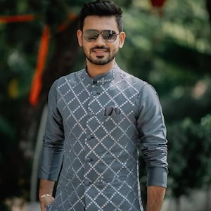 Charcoal Grey Kurta Set with Embellished Diamond-Patterned Nehru Jacket – Modern Ethnic Wear for Men