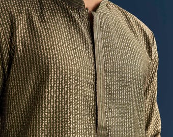 Conjunto de kurta e pijama em seda crua verde-oliva, traje para casamento indiano.