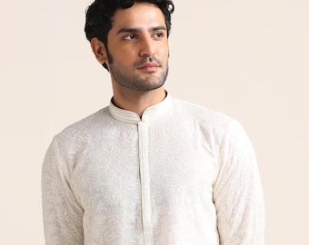 Herrpyjamasset med kraftigt Chikankari Kurta-mönster, indiskt kurta-pyjamasset för män, indiskt bröllopskläder, outfit för herrbröllopskläder, kläder för herrkläder