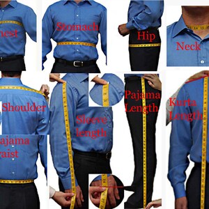 May include: Diagram showing how to measure different body parts for clothing, including chest, stomach, hip, neck, shoulder, sleeve length, pajama length, and kurta length. The measurements are shown using a yellow measuring tape.