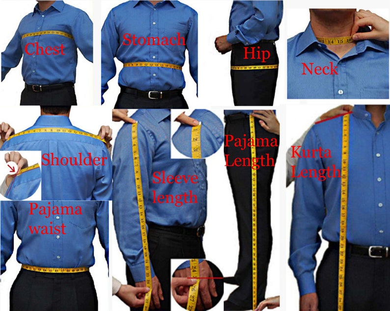 May include: Diagram showing how to measure different body parts for clothing, including chest, stomach, hip, neck, shoulder, sleeve length, pajama length, and kurta length. The measurements are shown using a yellow measuring tape.