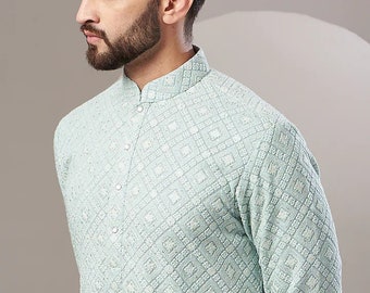 Ensemble de pyjama kurta pour homme brodé Georgette pour vêtements de mariage indien