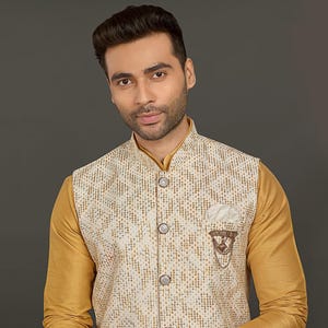 Silk Kurta Pajama Set with Embroidered Nehru Jacket