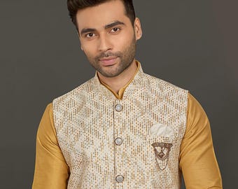 Silk Kurta Pajama Set with Embroidered Nehru Jacket