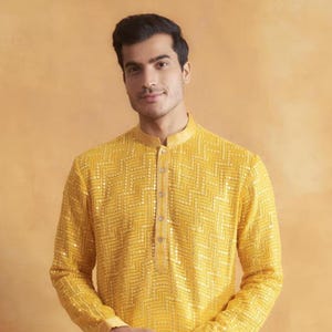 Costom fit Georgette mirror embroidery Kurta Pyjama Set for men
