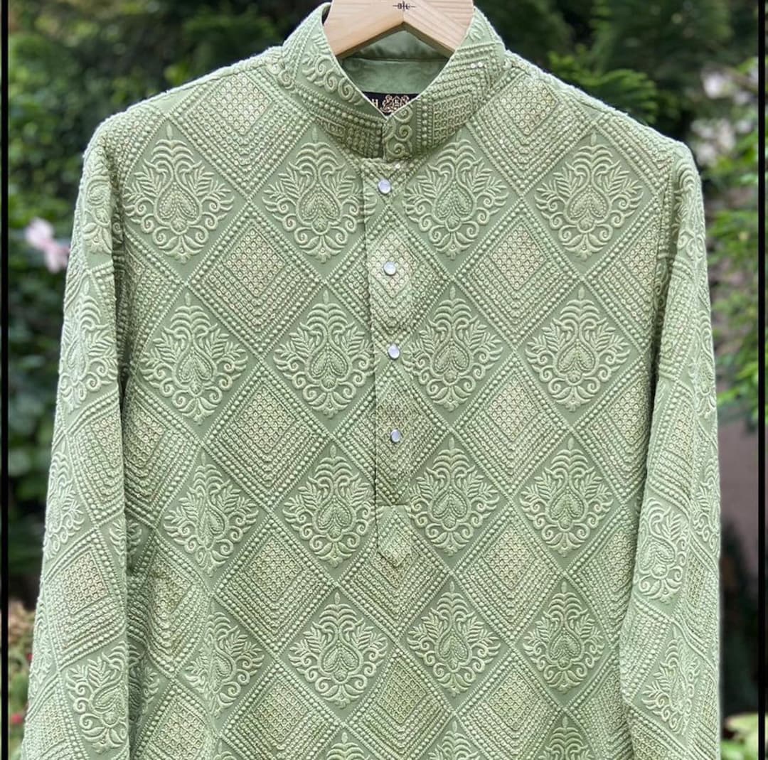 Men Mustard Striped Pleated Chikankari Kurta Pyjama Set