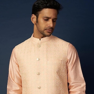 Peach Silk Kurta Set with Embroidered Nehru Jacket – Classic Ethnic Wear for Men