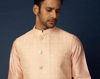 Peach Silk Kurta Set with Embroidered Nehru Jacket – Classic Ethnic Wear for Men