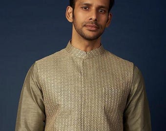 Men’s Olive Green Kurta with Textured Nehru Jacket , Off-White Churidar – Ethnic Wear for Weddings & Festivals