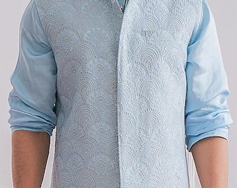 Men’s Sky Blue Kurta and Embroidered Bandi Jacket Set | Ethnic Wear for Weddings & Festivals