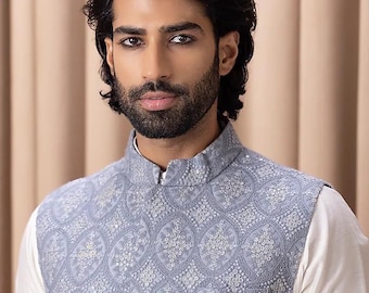 Men's Ethnic Kurta Set with Nehru Jacket – Off-White Kurta, Beige Churidar & Blue Grey Jacquard Jacket