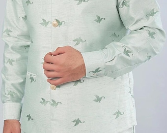 Men’s Ethnic Kurta Set with Nehru Jacket – Pastel Green ,  Pink Jacquard Design | Festive & Wedding Wear