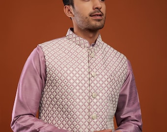 Kurta Set with Embroidered Bandi Jacket in Cotton Silk