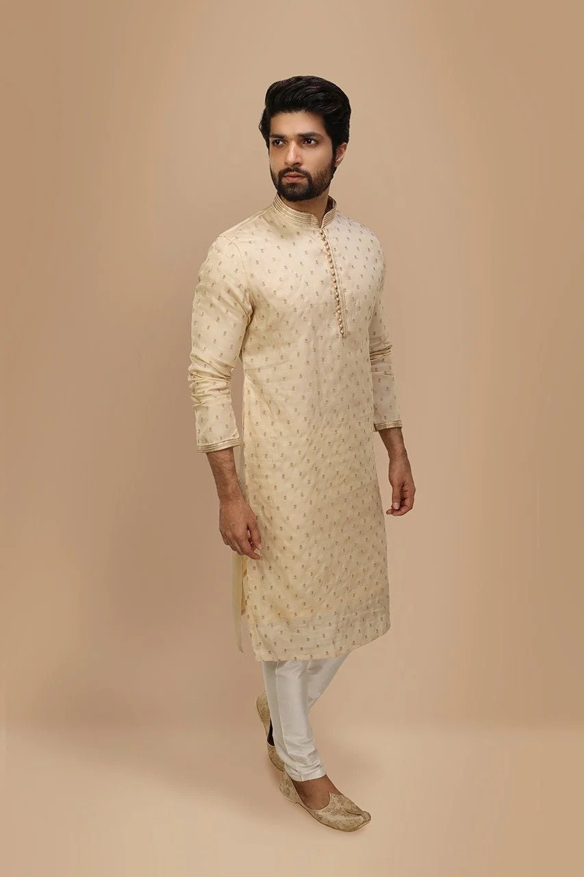 Korean Tusser Silk Kasab Embroidery Kurta Churidar Set for Wedding Wear