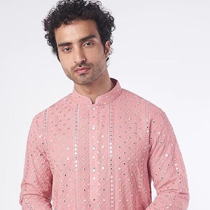 Costom fit Georgette mirror embroidery Kurta Pyjama Set for men