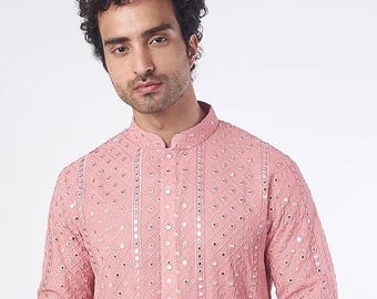 Costom fit Georgette mirror embroidery Kurta Pyjama Set for men