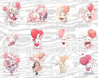 12 Kawaii Bunny SVG Bundle, Cute Digital Download Set, Bunny Holding Balloons Clipart Pack, High Resolution PNG, Vector Instant Download
