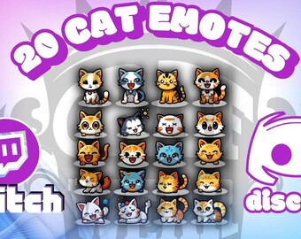 20 Cats Twitch Emotes Pack, Vtuber Animated Emojis Bundle, Streamer Discord Emotes Set