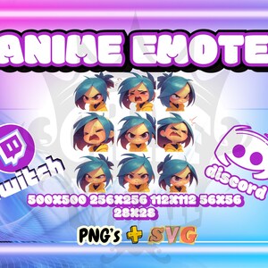 Anime Emote Pack for Twitch and Discord, Blue Hair Character, Various Expressions Digital Download, PNG SVG Discord Twitch Emotes Bundle