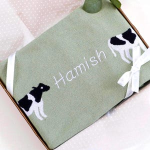 Personalised baby blanket with name, 80x110cm embroidered green cow farm animal knitted blanket, new baby girl or boy or baby shower gift