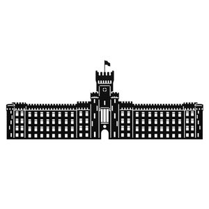 May include: A black and white silhouette of a large building with a central tower and flag. The building has multiple windows and a symmetrical design, suggesting a historical or institutional structure. The image is set against a white background.