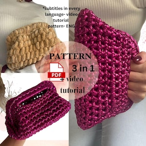 Patrón de bolso clutch FÁCIL a crochet, bolso con marco PDF + videotutorial para principiantes, bolso de maquillaje, grueso/metálico, 110 guías fotográficas