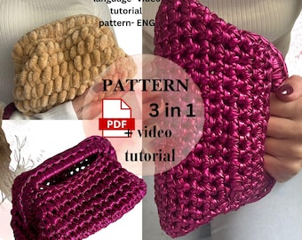 Clutch bag pattern EASY crochet, frame baf PDF + video tutorial for beginners, make up cosmetic handbag, chunky/metallic,  110 photo guides