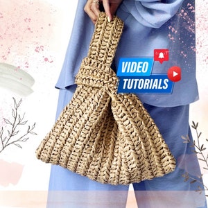 Tutorial video all'uncinetto borsa in rafia da polso, tutorial sulla borsa di paglia, tutorial sulla borsa facile per principianti, sottotitoli multilingue, passo dopo passo
