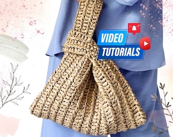 Crochet Video tutorial wrist raffia bag, Straw purse tutorial, Easy for beginners bag tutorial, Multi Languages subtitles, Step by Step