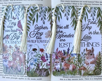 Woodland Animal Inspirational Bookmark with Tassel, Cottagecore Reading Gift, Nature Book Mark, Forest Reader Gift