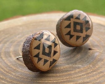 Boho Tribal Tree Slice Stud Earrings, Woodland Vibes for Nature Lovers, Handcrafted and Earthy Jewelry