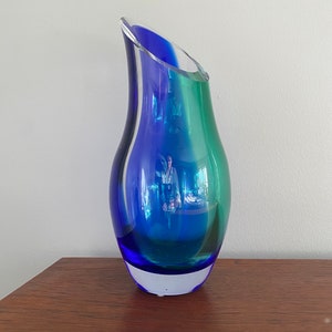 Unique and Elegant Art Glass Vase in Blue and green Clear Glass.