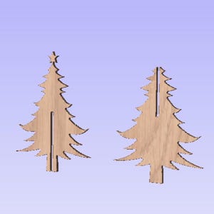 May include: Two wooden Christmas tree ornaments, each with a cutout design. The trees are light brown and have a rustic look.