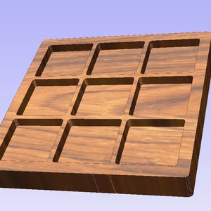 May include: A square wooden tray with nine recessed square compartments. The tray is made of a light brown wood and has a smooth finish. The compartments are evenly spaced and appear to be designed to hold small items.