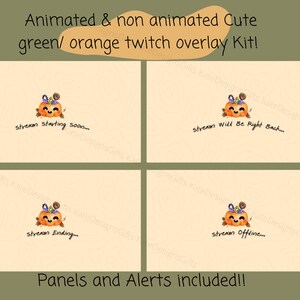 Peut inclure: Quatre panneaux d'overlay Twitch animés avec une citrouille orange mignonne avec une tige verte et des fleurs violettes. Les panneaux incluent le texte "Stream starting soon", "Stream will be right back", "Stream ending", et "Stream offline".