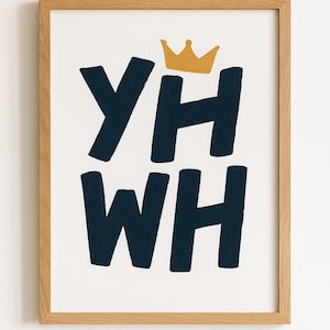 YAHWEH YHWH Wall Art Printable – Christian Decor, Navy Brushstroke Typography with Crown – Bible-Inspired Digital Download