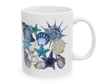 Mug bleu coquillage et étoiles de mer - Verres côtiers en céramique