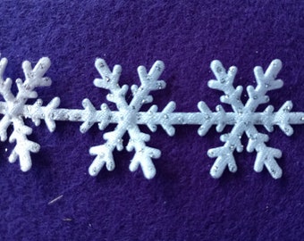 May include: White snowflake trim with silver glitter accents. The trim is made of fabric and is perfect for adding a festive touch to any craft project.