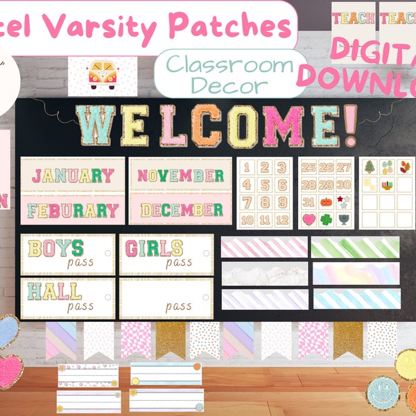 Pastel Varsity Patches Classroom Decor Bundle (Stoney Clover Lane Inspired) DIGITAL DOWNLOAD
