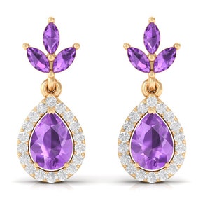 Amethyst Dangle Earrings: 925 Sterling Silver, White Zircon Halo