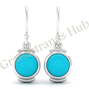 Turquoise Silver Earring, Silver Dangle Earring, Round Cabochon Earring, Handmade Earring, Jewelry for Gift, Modern Jewelry, Gift for Her