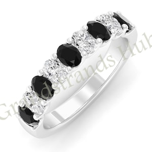 Black Spinel and White Zircon Silver Ring, Beautiful Checkmate Ring, Black and White Band Ring, Oval Stone Band Ring, Band Ring for Bridal